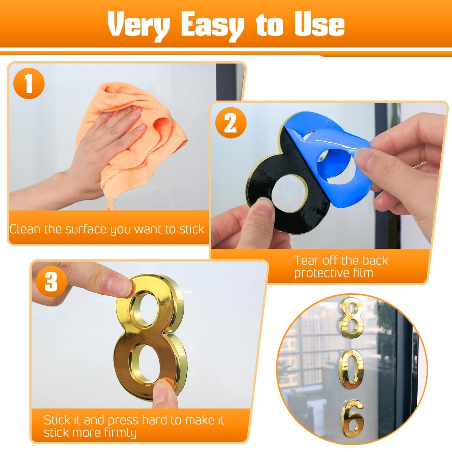 Ranslen 10 Pieces 3 Inch High House Numbers 0-9, Self-adhesive 3D Mailbox Numbers Door Address Home Number Stickers Sign for Apartment Mailbox Sign Office Hotel Room, Gold Electroplated Plastic