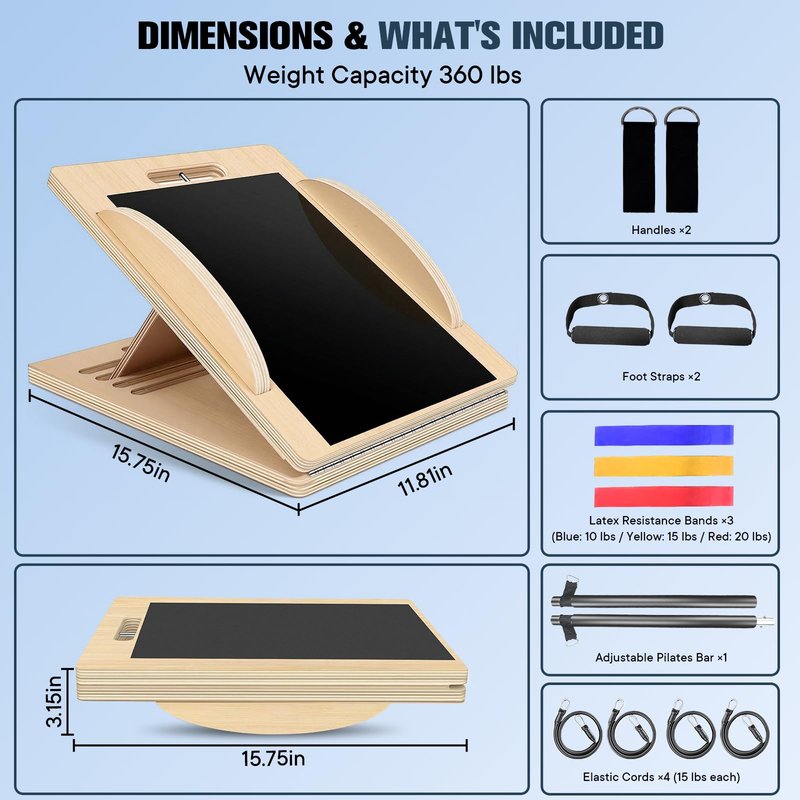 Versatile Wooden Slant Board, Convertible to Balance & Pilates Board, Adjustable Angles, Includes Full Pilates Kit, Supports Up to 360lbs, Calf Stretch, Squats, Knee, Ankle, Heel & Leg Training