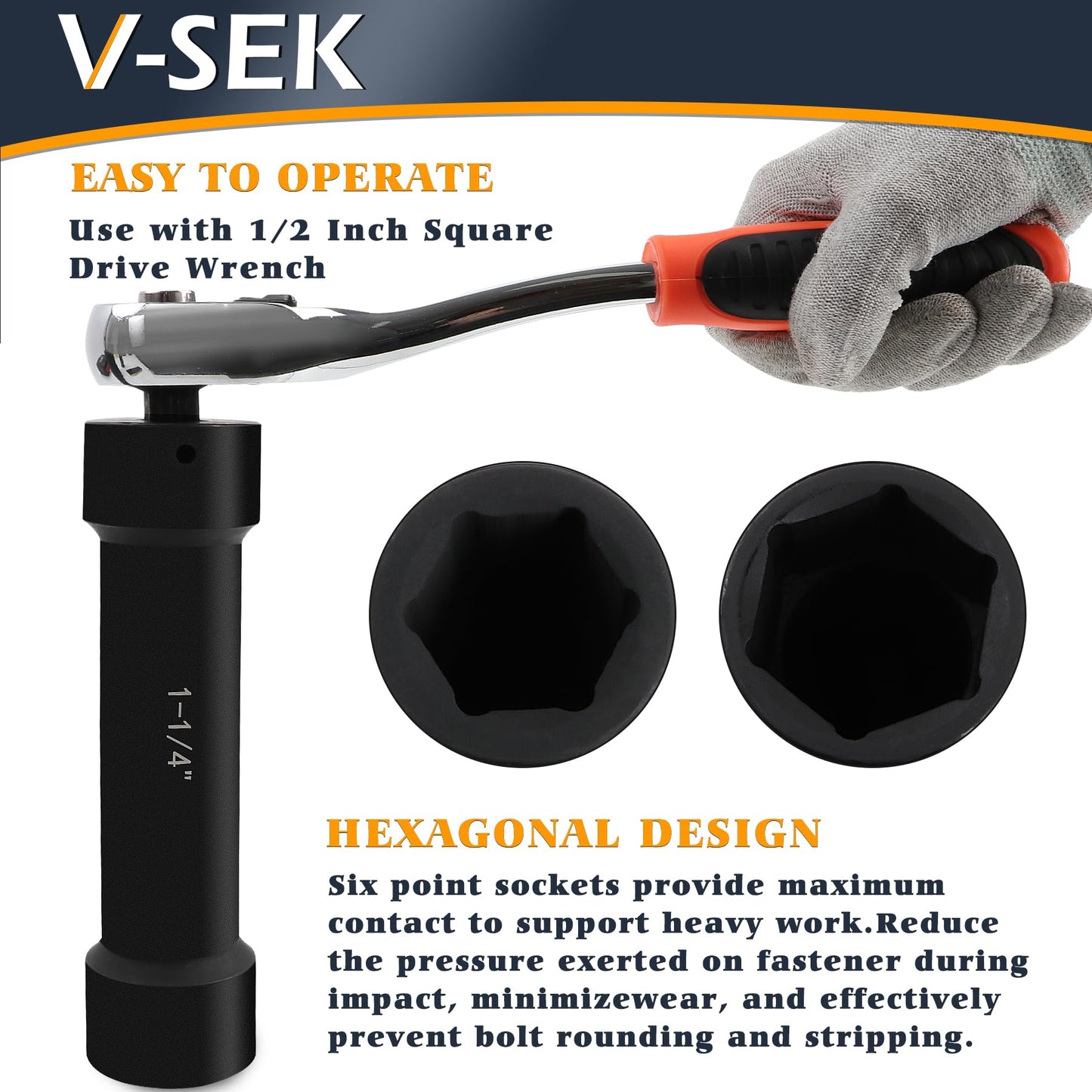 V-SEK 6.75 Inch Long Extended Length Impact Socket Set 1/2 Inch Drive Extra Deep Sockets Heavy Duty Steel With Hex Sizes 3/4" 7/8" 15/16" 1-1/16" 1-1/8" 1-1/4" for High Torque Use 6PCS