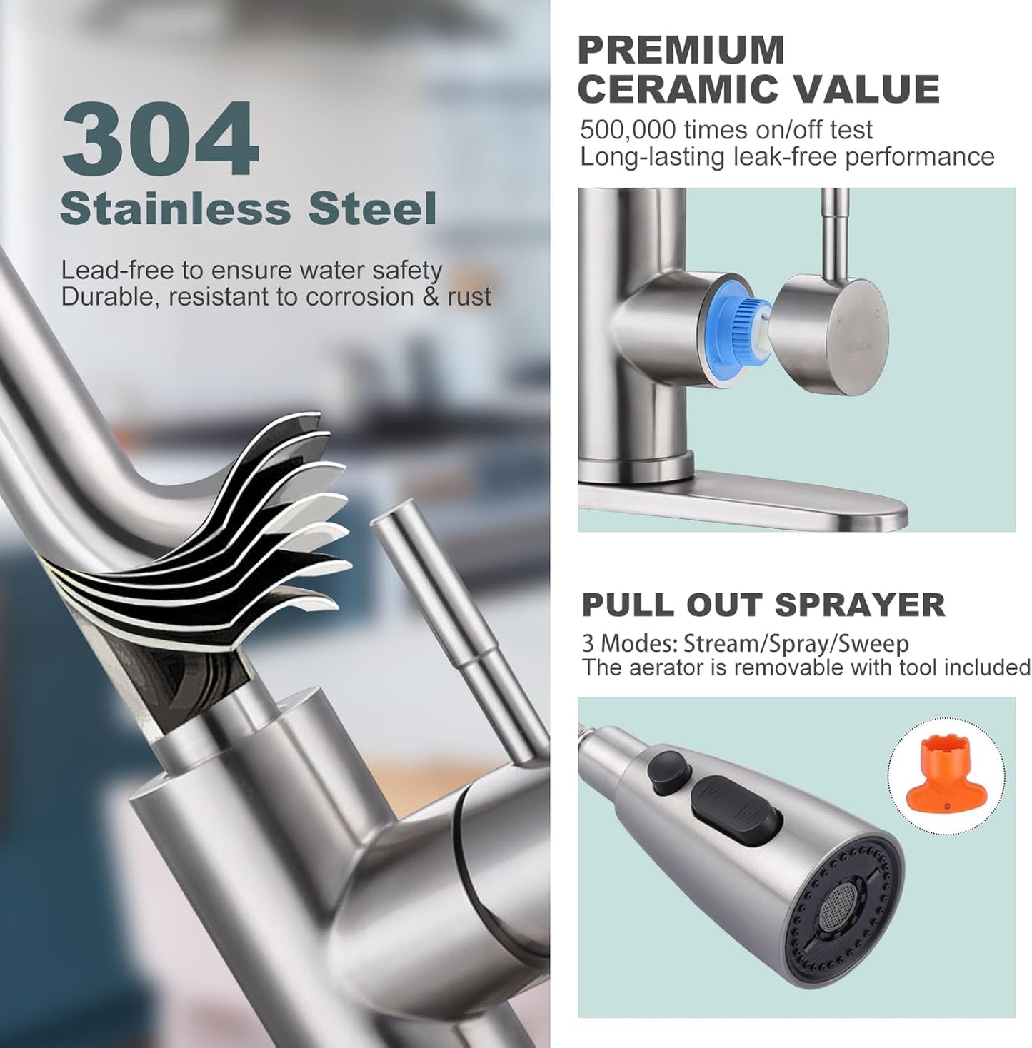 Stainless Steel Kitchen Faucet Combo with Water Filter - Brushed Nickel Sink Faucet for RO Systems