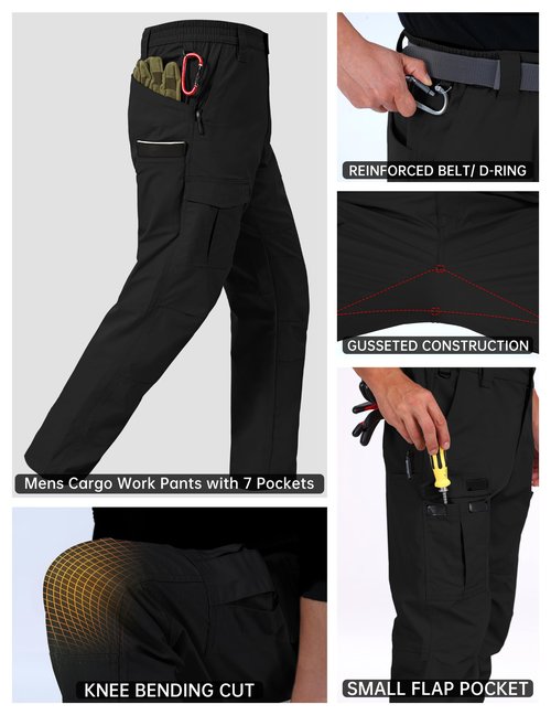 CNBQDD Work Pants for Men Ripstop Tactical Pants Water Resistant Breathable Cargo Work Pants for Men Outdoor Hiking Pants with 7 Pockets Black 34Wx32L