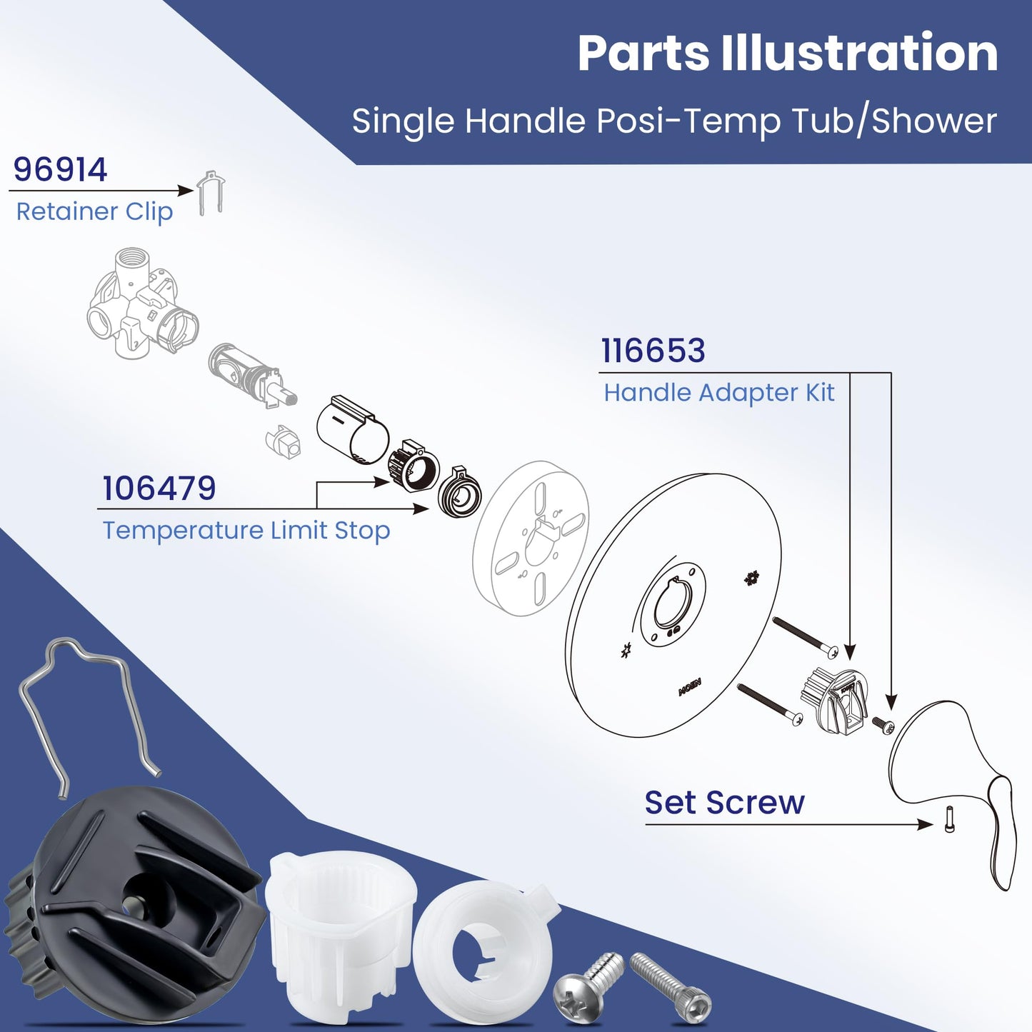 Enhon Shower Handle Adapter Kit Replacement for 116653, Compatible with Moen Posi-Temp Single Handle Tub/Shower Faucet Valve Cartridge, Shower Handle Replacement Part Adapter Kit, Plastic