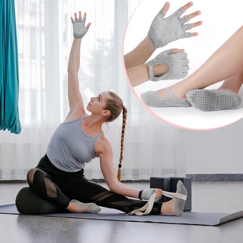 Shihanee 6 Pairs Non Slip Pilates Yoga Gloves Socks with Grip for Women Silicone Dot Grip Fingerless Gloves Socks Pilates Accessories for Ballet Barre Dance Fitness Winter Gifts