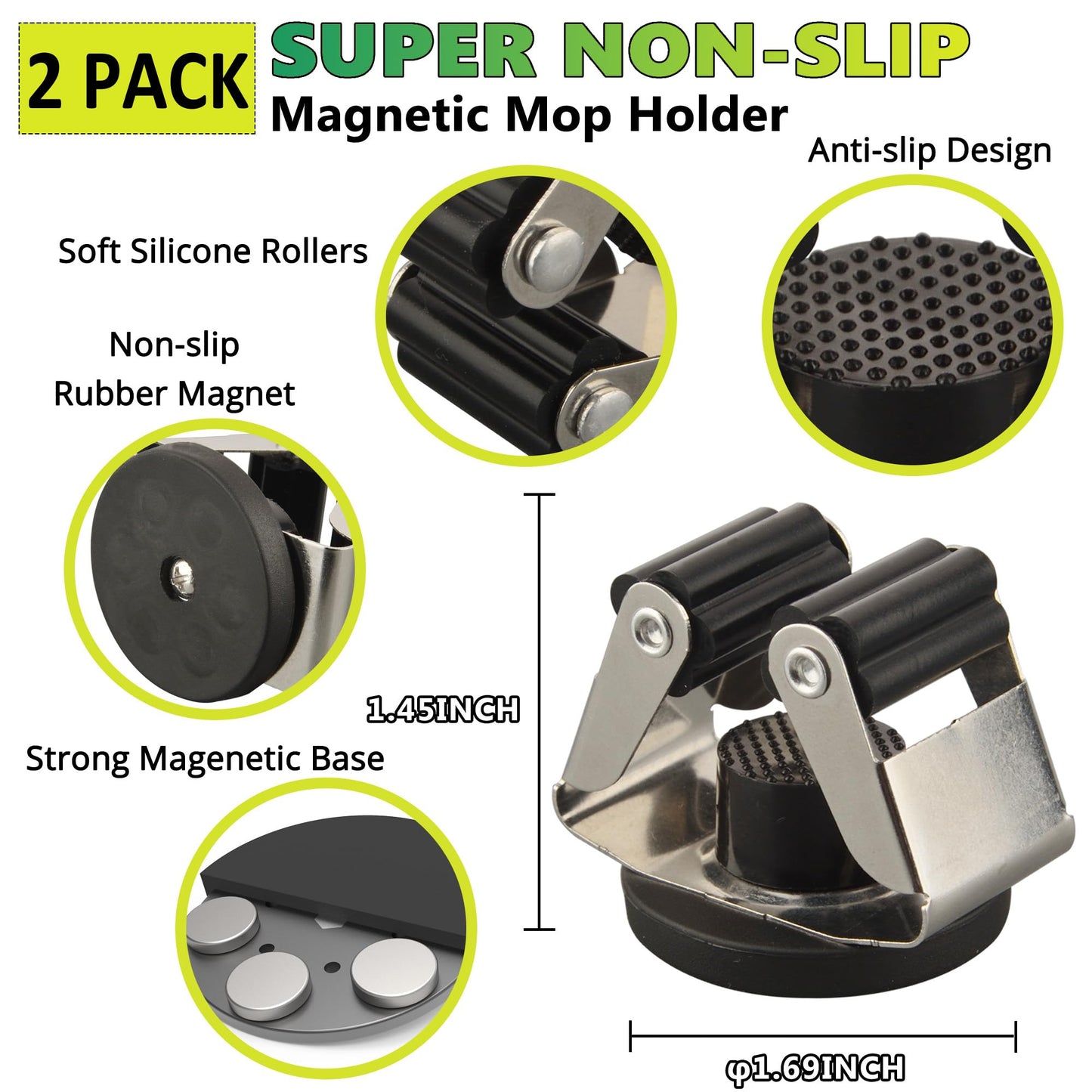 ULIBERMAGNET Magnetic Mop Broom Holder,6 Pack Heavy Duty Movable Magnetic Broom Holder Rack,Anti-slip Wall Mounted Utility Storage Mop Shovel Hanger for Garage, Kitchen, Laundry, Garden