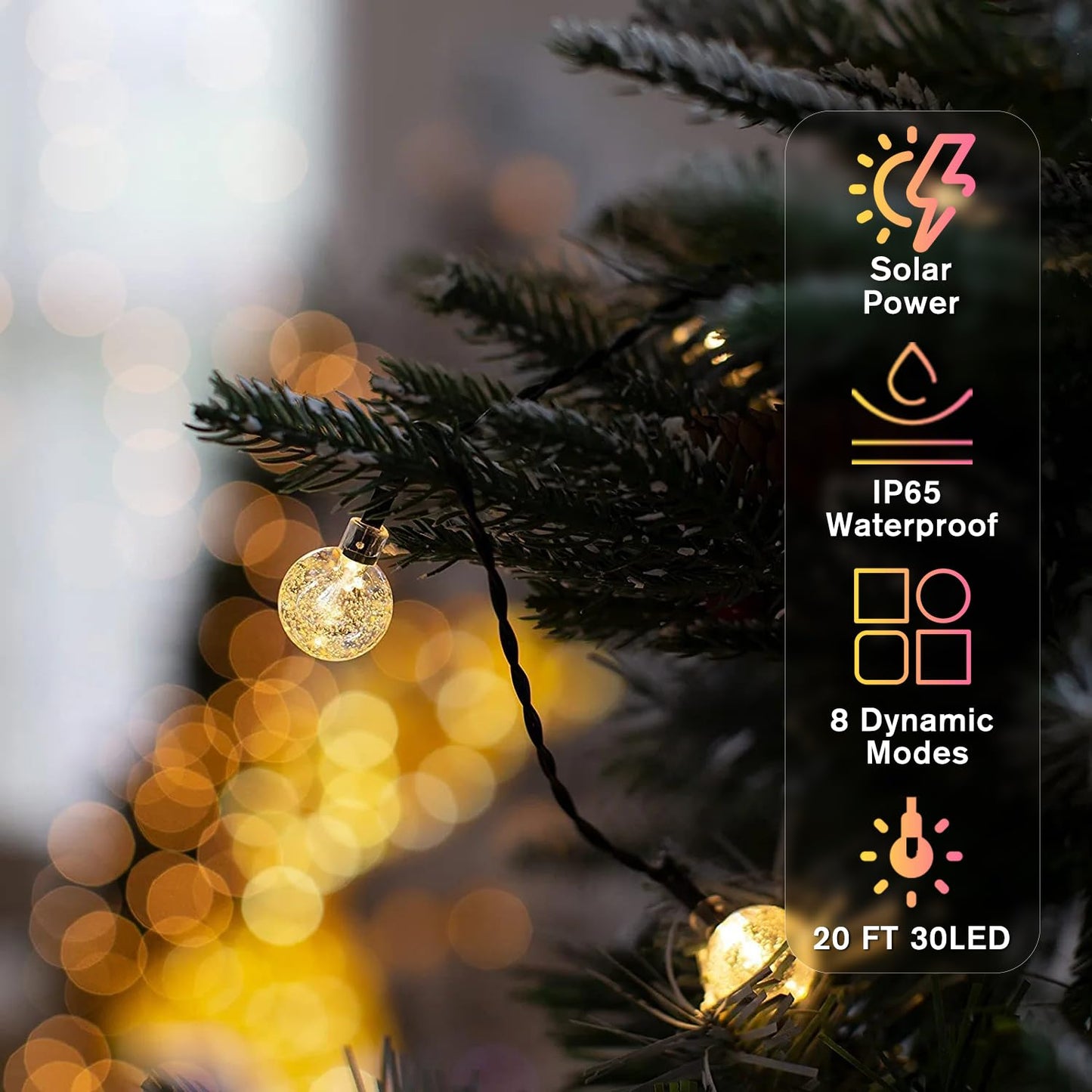 Metaku Solar String Lights for Outside, 20FT 30 LED Crystal Globe String Lights, Solar Powered Outdoor Lights with 8 Lighting Modes, Patio Hanging Lights for Garden, Camping and Party Décor Warm Whit