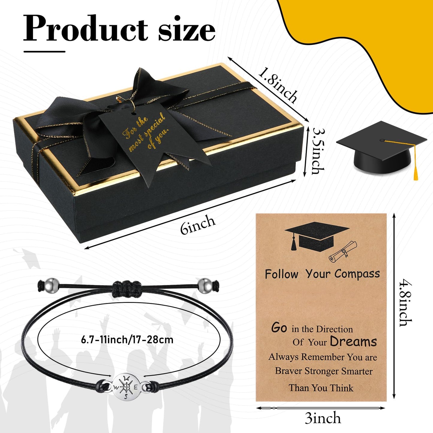 Compass Gift Set Engraved Compass with Chain Souvenir Present Bracelet with Greeting Card Walnut Wooden Box Gift Box for Graduation Father's Day Adventure Birthday Baptism Party Favors(Graduation)