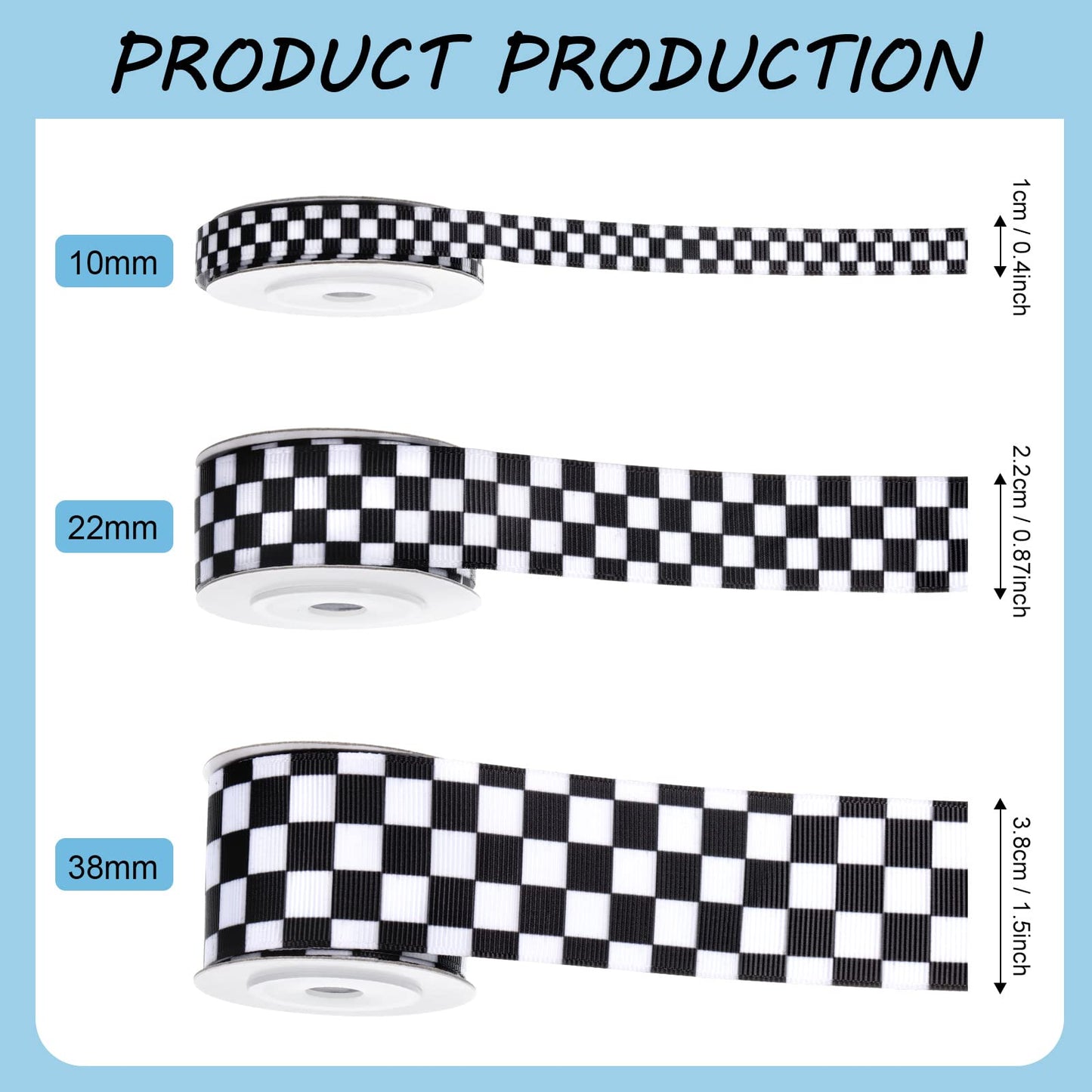 Cunno 3 Rolls Christmas Black and White Checkered Ribbon Grosgrain Printed Ribbon Racing Car Theme Printed Checkered Plaid Buffalo for DIY Crafts Wreath Party, 0.4, 0.87, 1.5 Inch Wide, 15 Yard