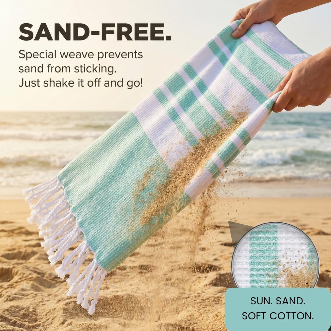 Turkish Beach Towels Set of 4 - Oversized 40x70 Inch Cotton Towels | Quick Dry, Sand-Free, Aqua Blue
