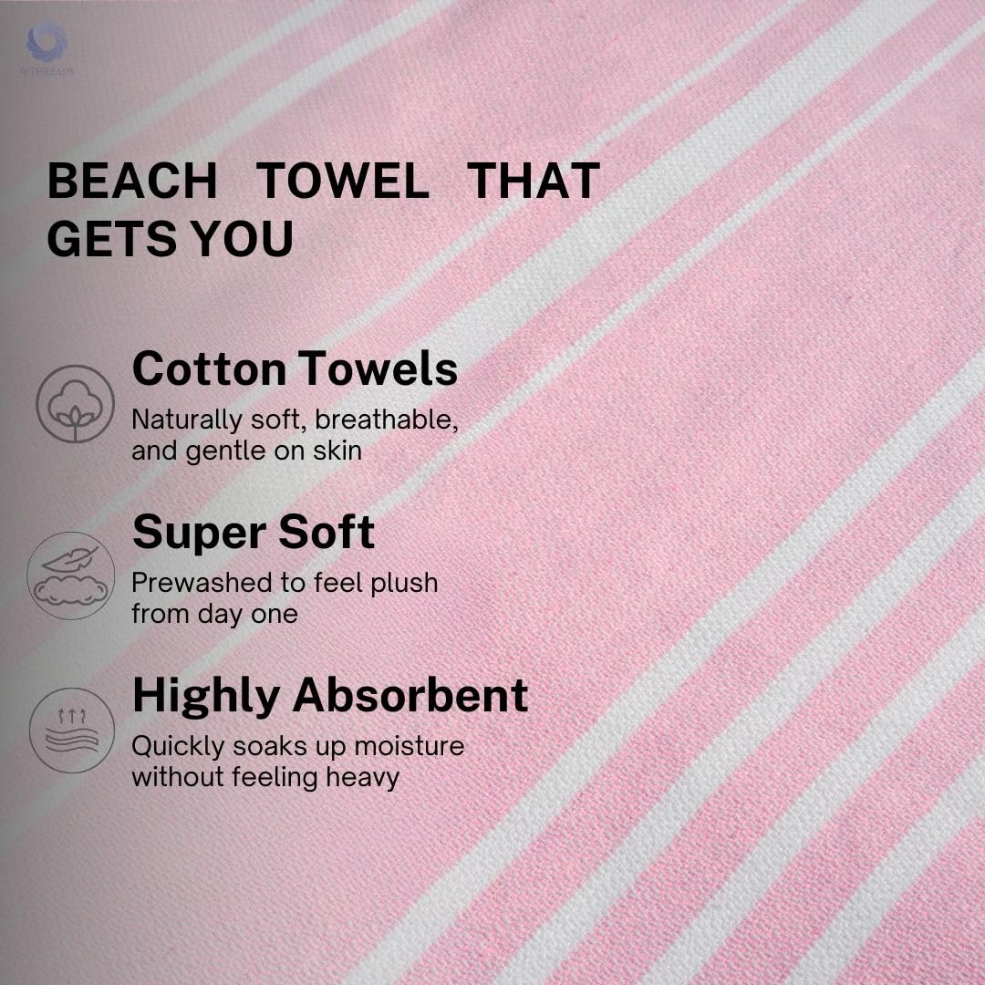 9Threads Cotton Turkish Beach Towel with Towels Oversized 36"x72" Pool Absorbent Extra Large Quick Dry Sand Travel Towel (Peony Plush, 2 Pack)
