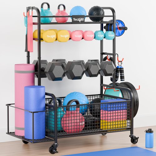 Yes4All Dumbbell Rack, Weight Rack for Home Gym, Sports Equipment Organizer for Dumbbells Kettlebells Yoga Mat Foam Roller and Balls, All in One Gym Workout Storage with Basket, Wheels and Hooks