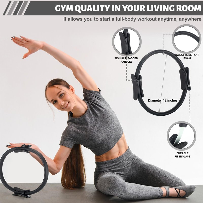 RoundFunny Pilates Ring Circle Set 18 Pcs Exercise Equipment Accessories for Women Workouts Pilates Ball Stretching Strap Magic Circle Yoga Ring Gym Back Bag Resistance Band Anti Slip Socks(Black)