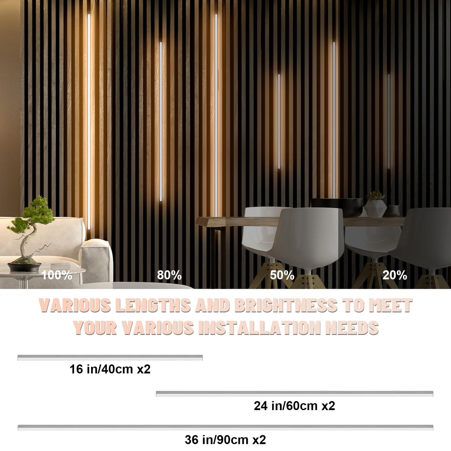 Lichaser LED Recessed Lighting for Acoustic Panel, 6 Pcs of 3000K Dimmable LED Strip Light for Wood Slat Wall Panel in Parallel with Touch Sensor, Self-Adhesive for Slat Wall Decor (2*36+2*24+2*16 in)