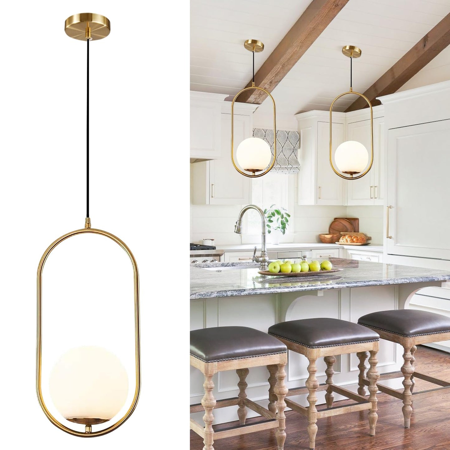 BOKT Modern 1-Light Large Globe Pendant Light Fixture Mid Century Brass Gold White Glass Pendant Lighting Kitchen Island Minimalist Round Ceiling Hanging Pendant Lamp (White-Large)