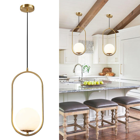BOKT Modern 1-Light Large Globe Pendant Light Fixture Mid Century Brass Gold White Glass Pendant Lighting Kitchen Island Minimalist Round Ceiling Hanging Pendant Lamp (White-Large)