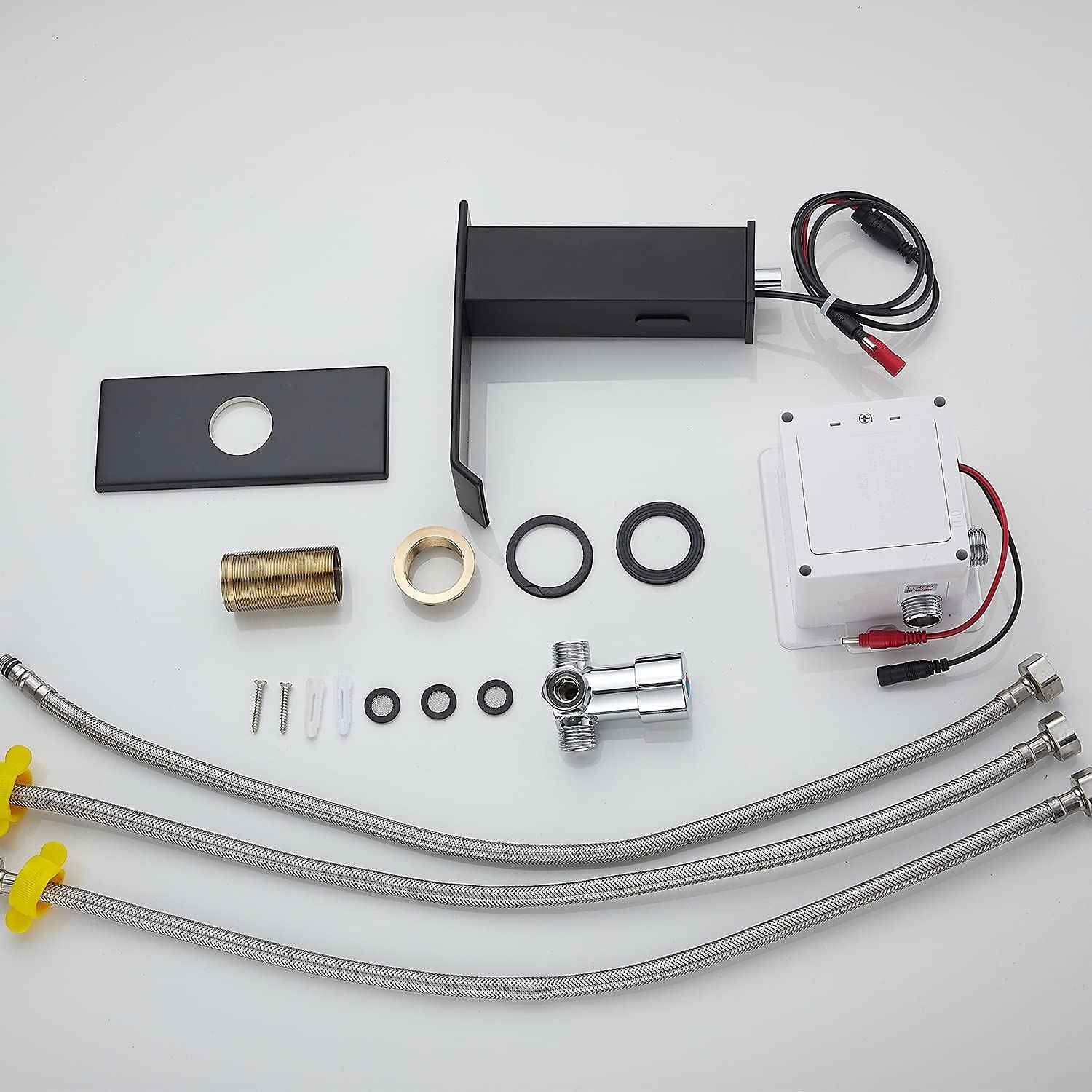 YBlucklly Automatic Sensor Touchless Waterfall Bathroom Sink Faucet with Control Box and Temperature Mixer DC Powered Sensor Hands Free Bathroom Tap Matte Black Vanity Faucets with Hole Cover Plate