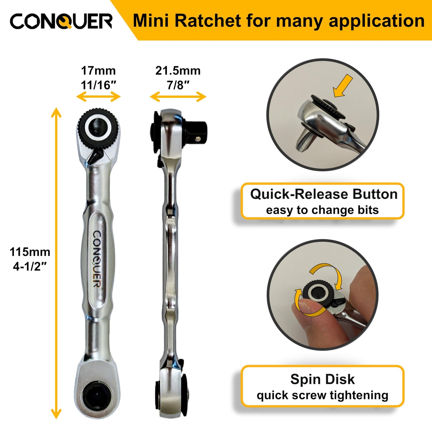 CONQUER Mini Combo Dual Ratchet Wrench with 1/4" Square Drive and Bit Drive High Torque 72-Tooth Gear Head and Spin Disk