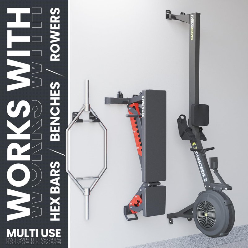 Synergee Weight Bench or Rower Wall Rack - Durable Steel Construction, Space-Saving Wall-Mounted Holder for Home Gym & Fitness Equipment, Easy Installation.