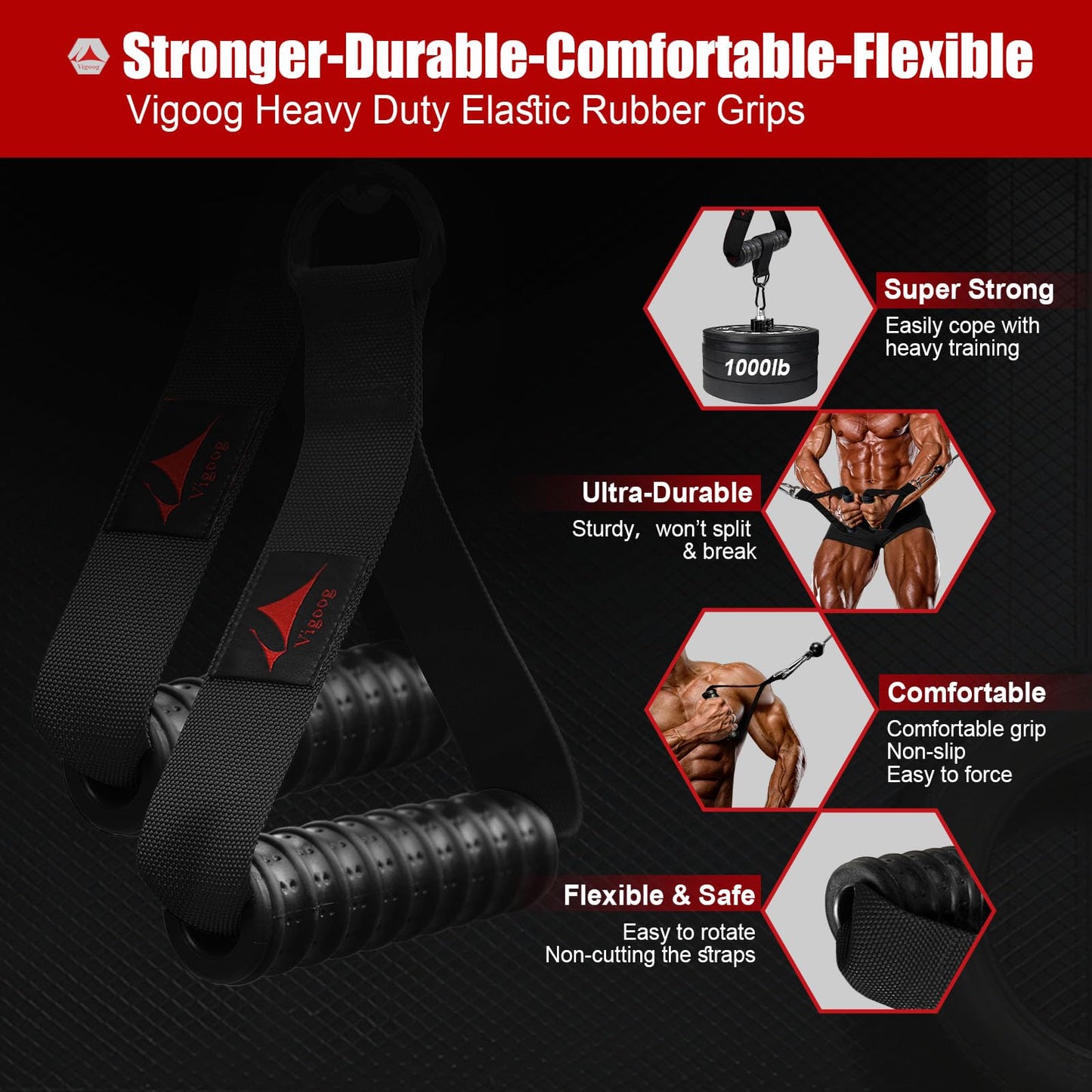 Vigoog Heavy Duty Gym Exercise Handles Attachment for Cable Machine,Resistance Band,Pulley System Home Fitness Workout Equipment, with Elastic Rubber Grip and 2 Large Carabiners (Classic Black)