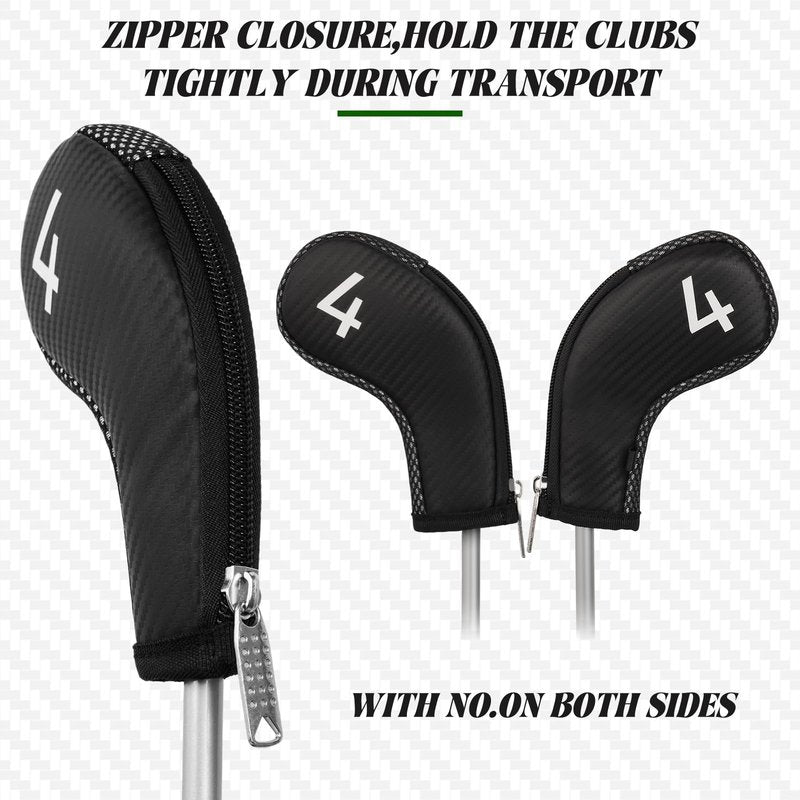 Craftsman Golf 10pcs/Set Golf Iron Club Head Covers Headcovers Set White Large No. on Both Sides Zipper Meshy & PU Leather for Right and Left Golfer