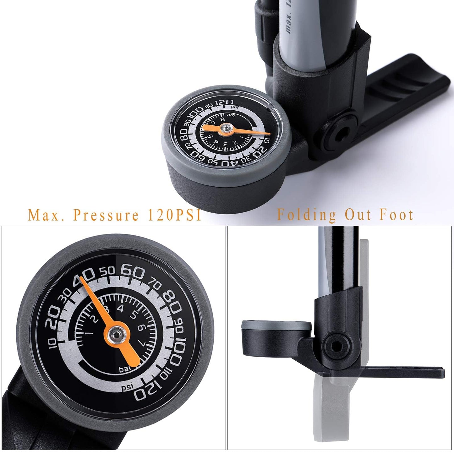 Mini Bike Pump with Gauge - Portable Bicycle Tire Pump - 120 PSI Bike Air Pump fits Presta & Schrader & Dunlop Valve - Road MTB Bike Pump Comes with Mounting Bracket (Black Grey) (Silver)