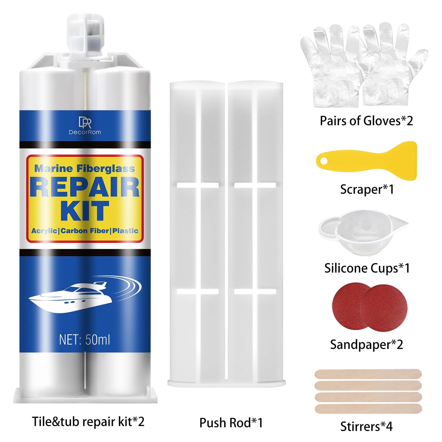 Marine Fiberglass Repair Kit - 3.4oz White Gel Coat & Gelcoat Repair Kit for Boats, Fiberglass Repair Epoxy Filler, Fast Repair for Scratches, Cracks, Holes, Fiber Glass Patch Kit for Acrylic