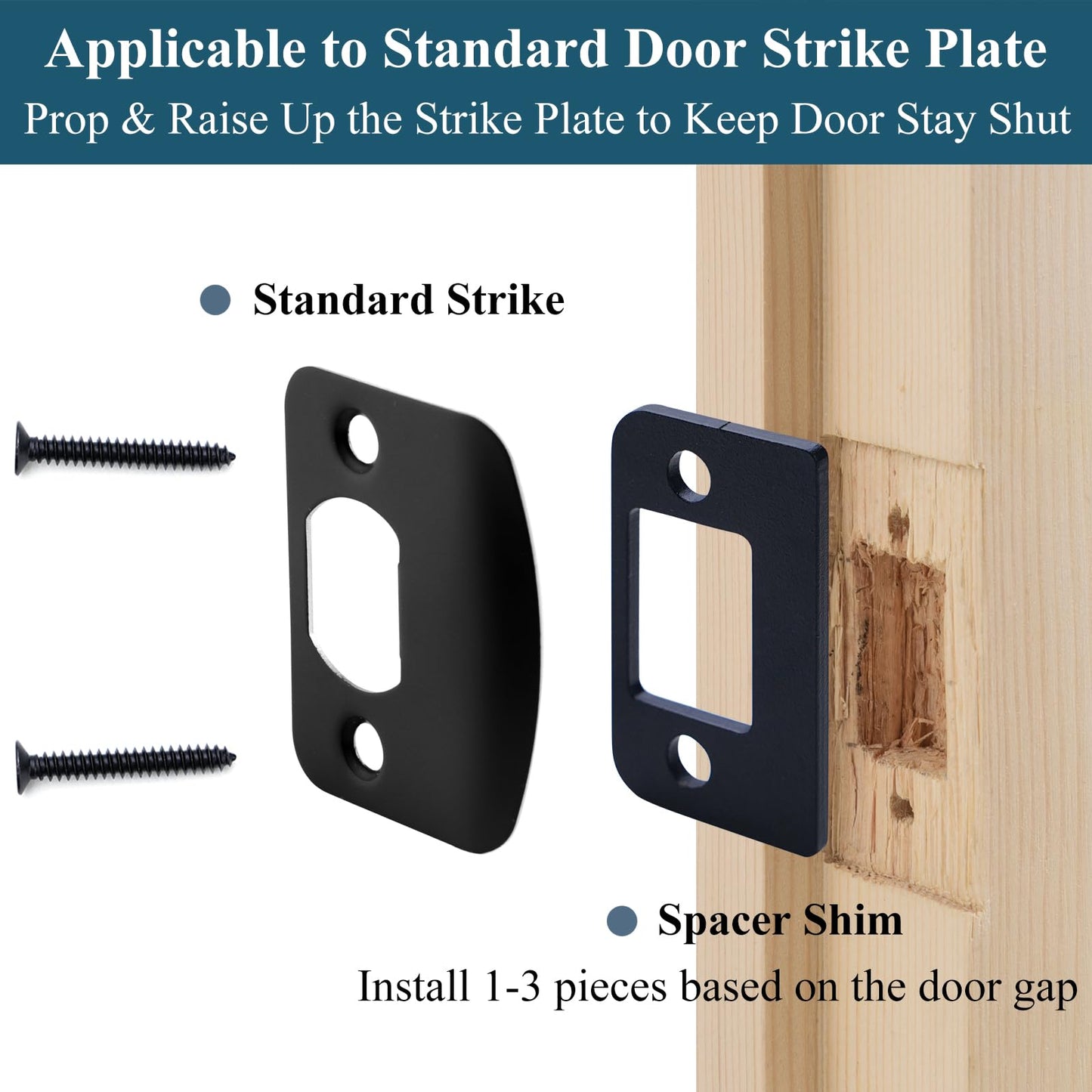 MOSECYOU Standard Door Strike Spacer Shim Plates, Stainless Steel, Set of 3 Different Thickness, Door Gap Blocker Kit to Fix Door won’t Stay Closed, Block Access to Latch (Matte Black, 1 Pack)