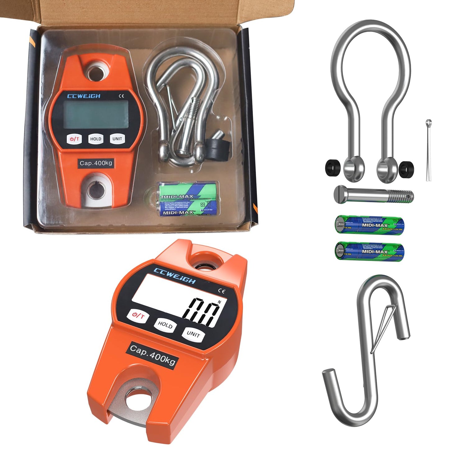CCWEIGH Hanging Scale Handheld 880lb/400kg Crane Scale Luggage Scale,with ABS Plastic case & Big LCD Display, Portable Digital Mini Crane Scale Fishing Scale,for Gym,Hunting,Travelling