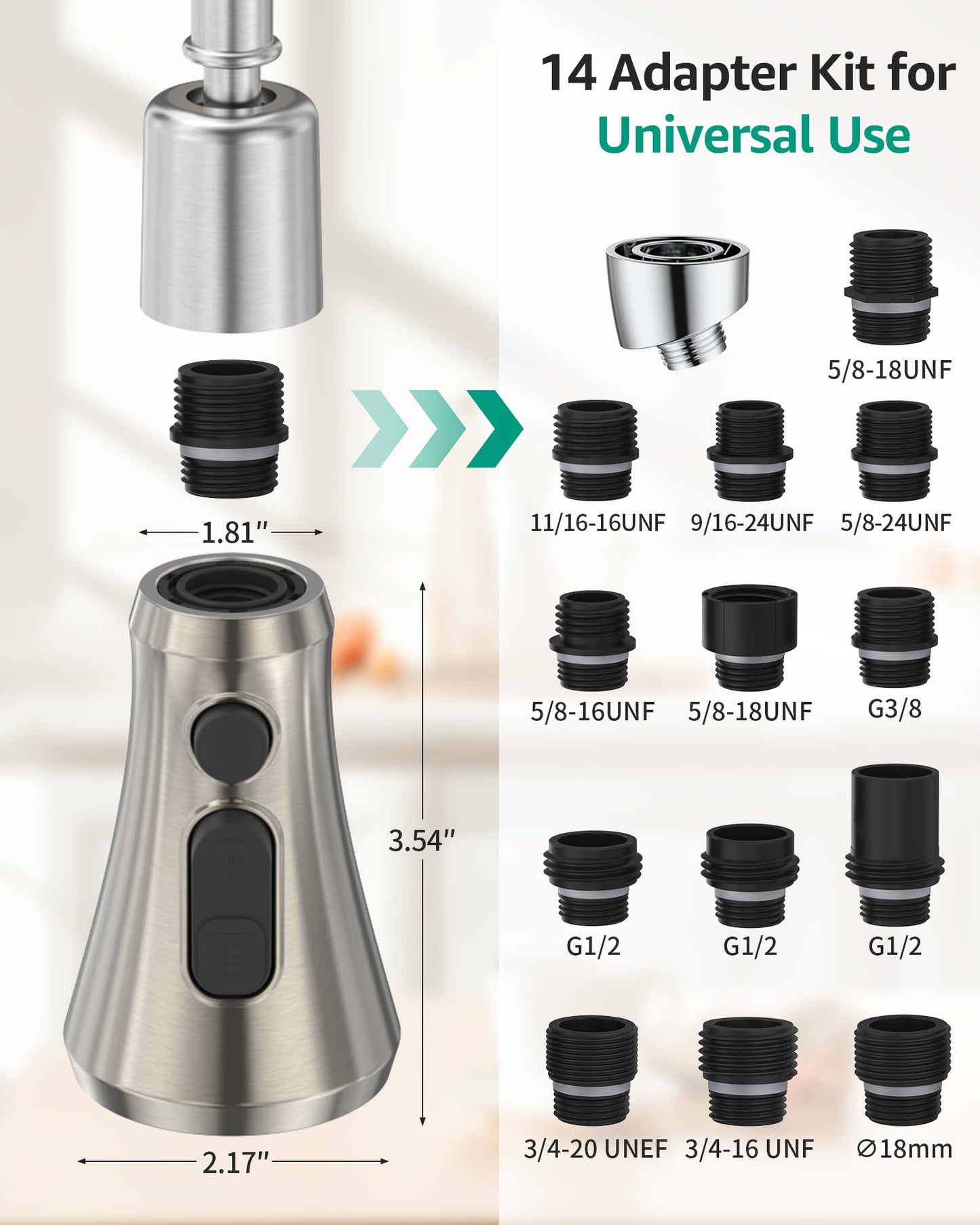 Mbillion Universal Brushed Nickel Kitchen Faucet Sprayer Head Replacement, 3 Function ABS Sink Faucet Head, Pull-Down Nozzle with 14 Adapters, Compatible with Moen,Delta,Kohler,WEWE American Standard