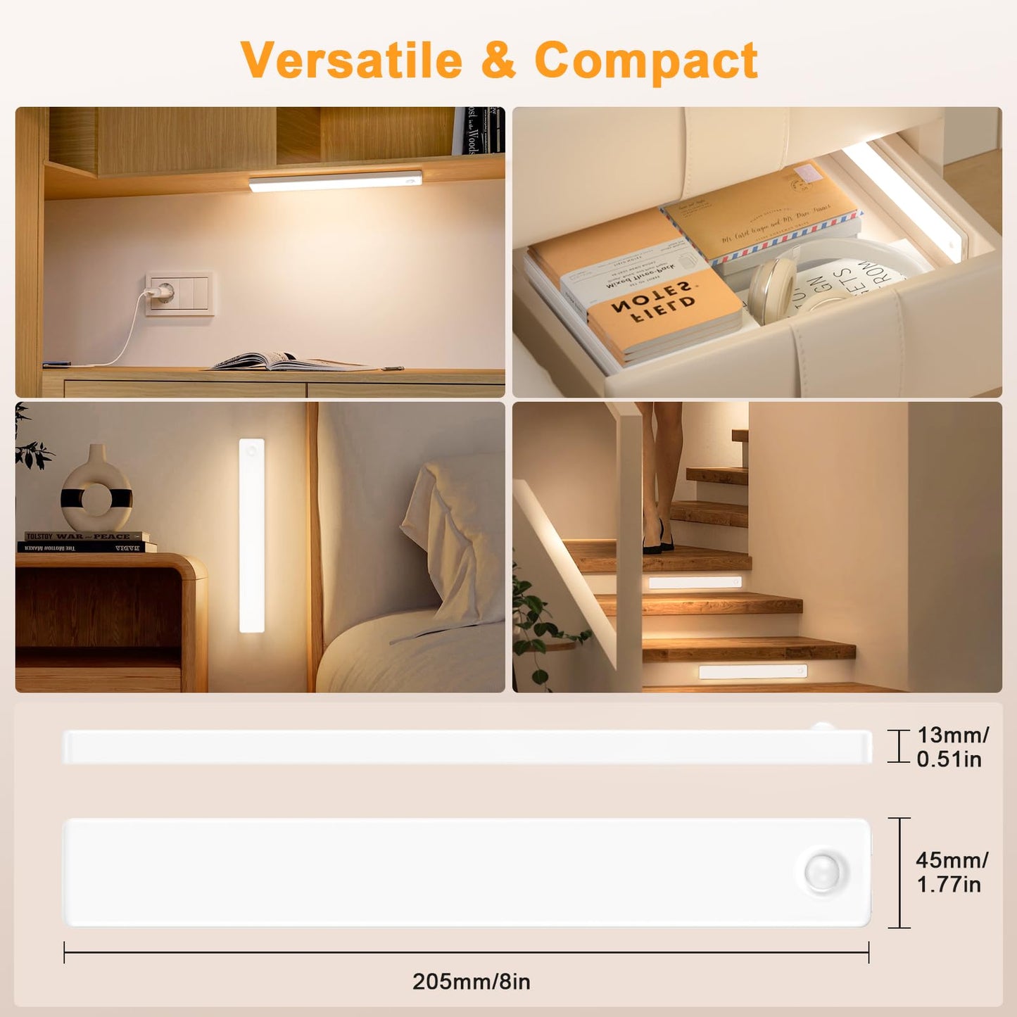 Under Cabinet Lighting, Motion Sensor Light Indoor, USB Rechargeable Battery Operated with Magnetic Closet, Kitchen, Counter, Motion-Activated Auto Shut-Off, Eye-Care Gradual Brightness (2-Pack)