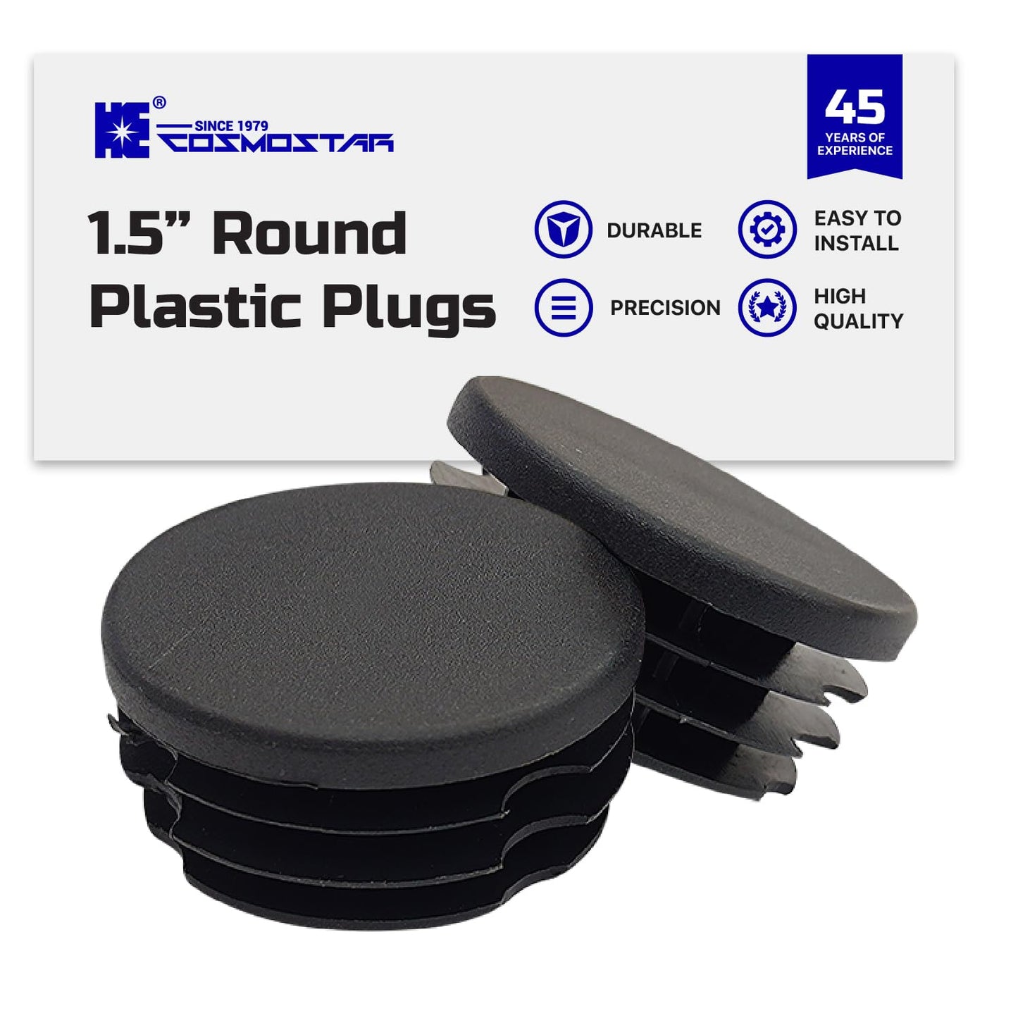 Cosmostar Outer Diameter 1.5" (38.1 mm) Round Plastic Plugs – Fits 1.35"–1.42" ID Tubes – Black End Caps, 10 Pack