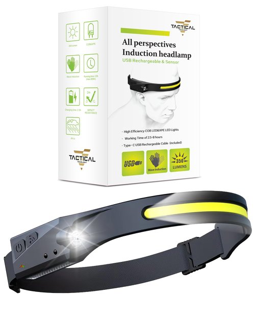 Tactical Headlight Rechargeable 230° Wide Beam LED Tactical Headlamp, Rechargeable USB-C Headlight with Motion Sensor, 350 Lumens, IPX4 Waterproof, Head lamp for Camping Essentials, Hiking, Running