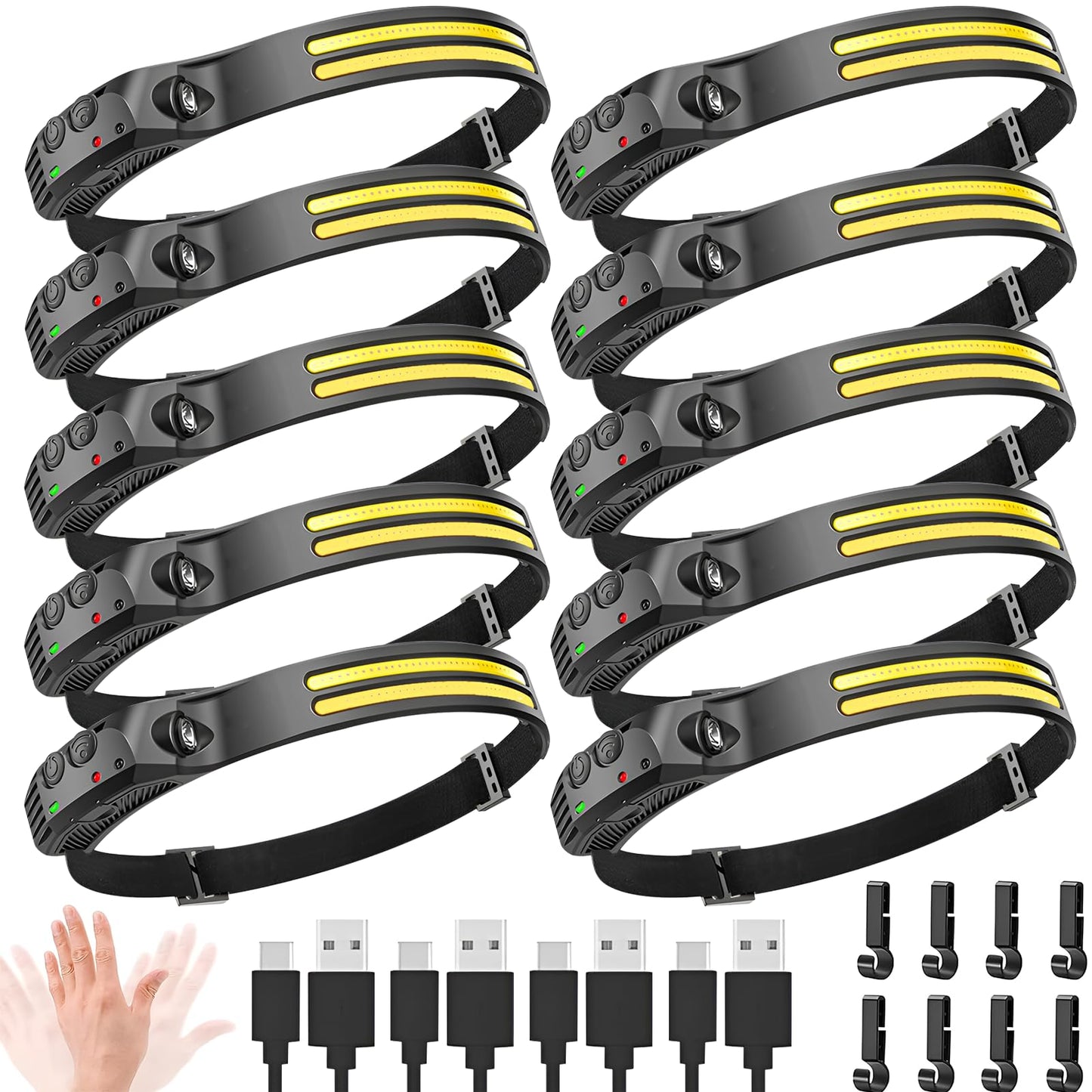 FLUEFOWL New LED Headlamp Rechargeable, 230° COB Super Bright Head Lights for Forehead, 6Mode Hard Hat Light for Adults, USB C Headband Flashlight for Work, Hiking, Running, Camping (10Pack)