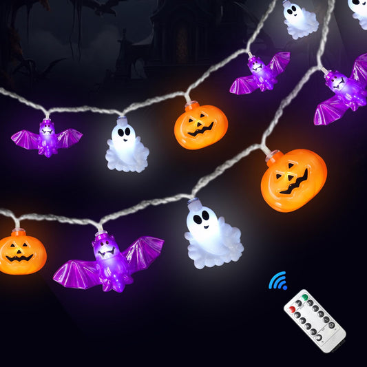 Halloween String Lights Decorations, 16.4FT 30 LED 3D Pumpkin Bat Ghost Battery Operated Orange Purple String Lights, 8 Modes Timer Hanging Fairy Light for Indoor Outdoor Window Porch Home Party Decor