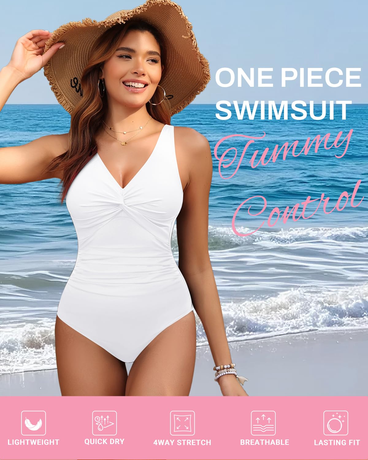 Holipick White Women Tummy Control One Piece Swimsuit - Push Up Bathing Suit Full Coverage Slimming Swimwear XXL
