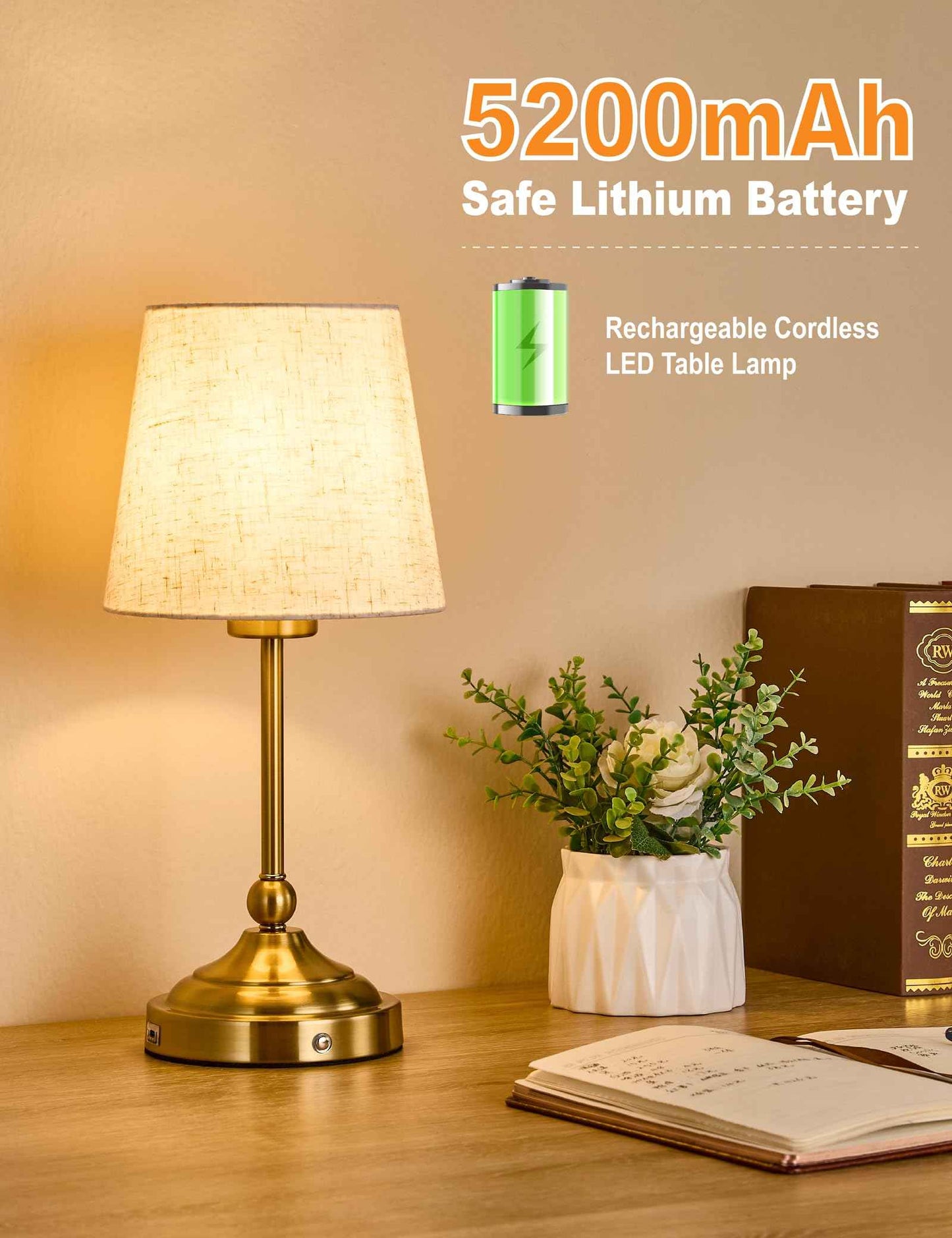 BOHON Cordless Lamp with Dimmer, Built-in 5200mAh Rechargeable Lamp, Patio Table Lamp, LED Bedside Night Light, Outdoor Ambient Light for Camping Restaurant Bedroom Dining Room Decor, Antique Brass