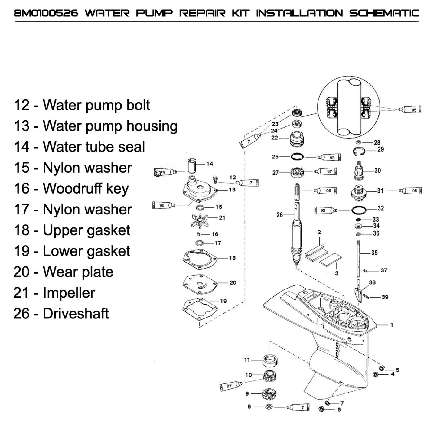 8M0100526 Water Pump Repair Kit – Complete 15-Piece Kit for Mercury/Mariner Outboards & MerCruiser Sterndrives, Perfect Replacement Mercruiser Alpha One Gen 2 Impeller Kit