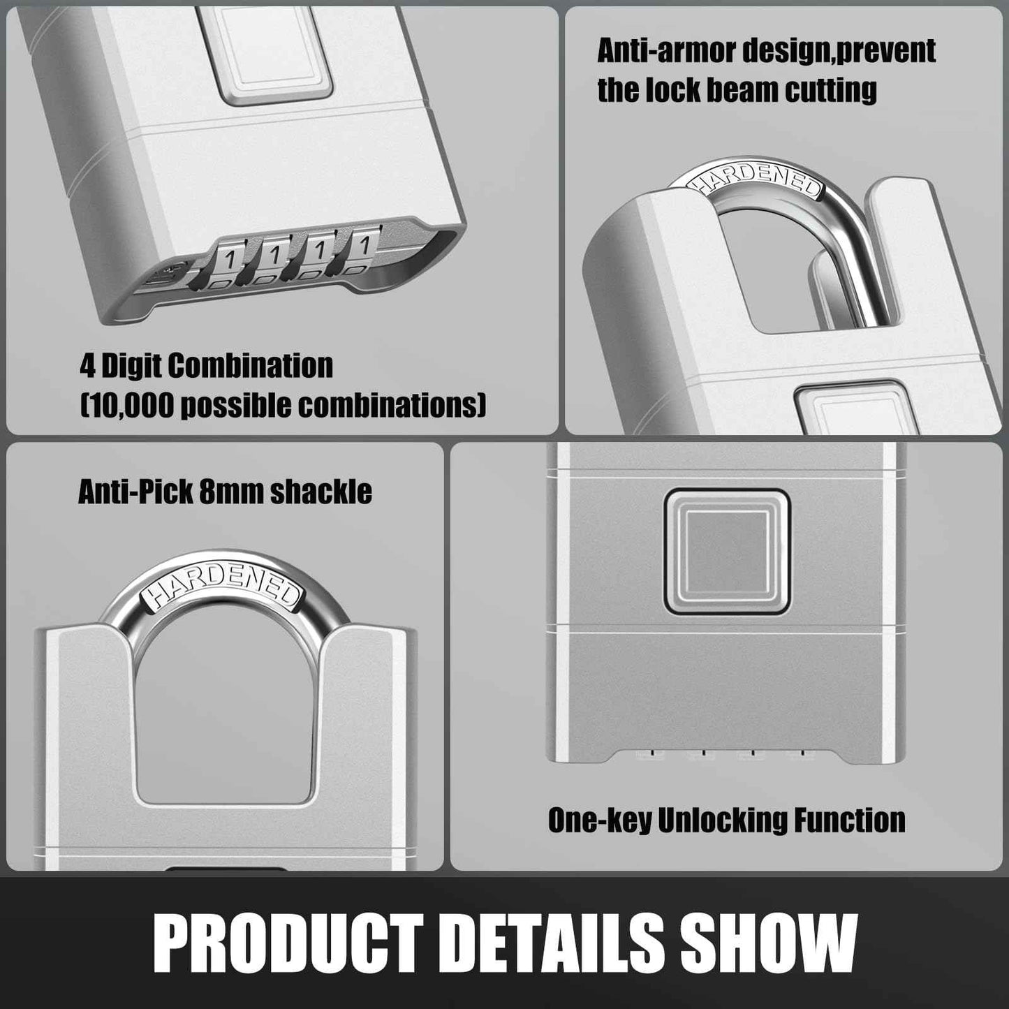 Heavy Duty Combination Padlock, Diyife Large Outdoor Padlock [Wrapped Beam] High Security, One-Touch Unlocking, Design of Hidden Password Suitable for Locker, Home, School, Garage, Gate (Silver)