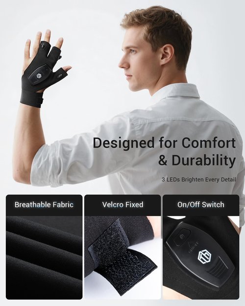 ThxToms Valentines Day Gifts for Him, Rechargeable Flashlight Gloves, Fathers Day Christmas Birthday Gifts for Men Boyfriend Husband Him, Cool Gadgets Tools Waterproof for Camping Fishing Repairing