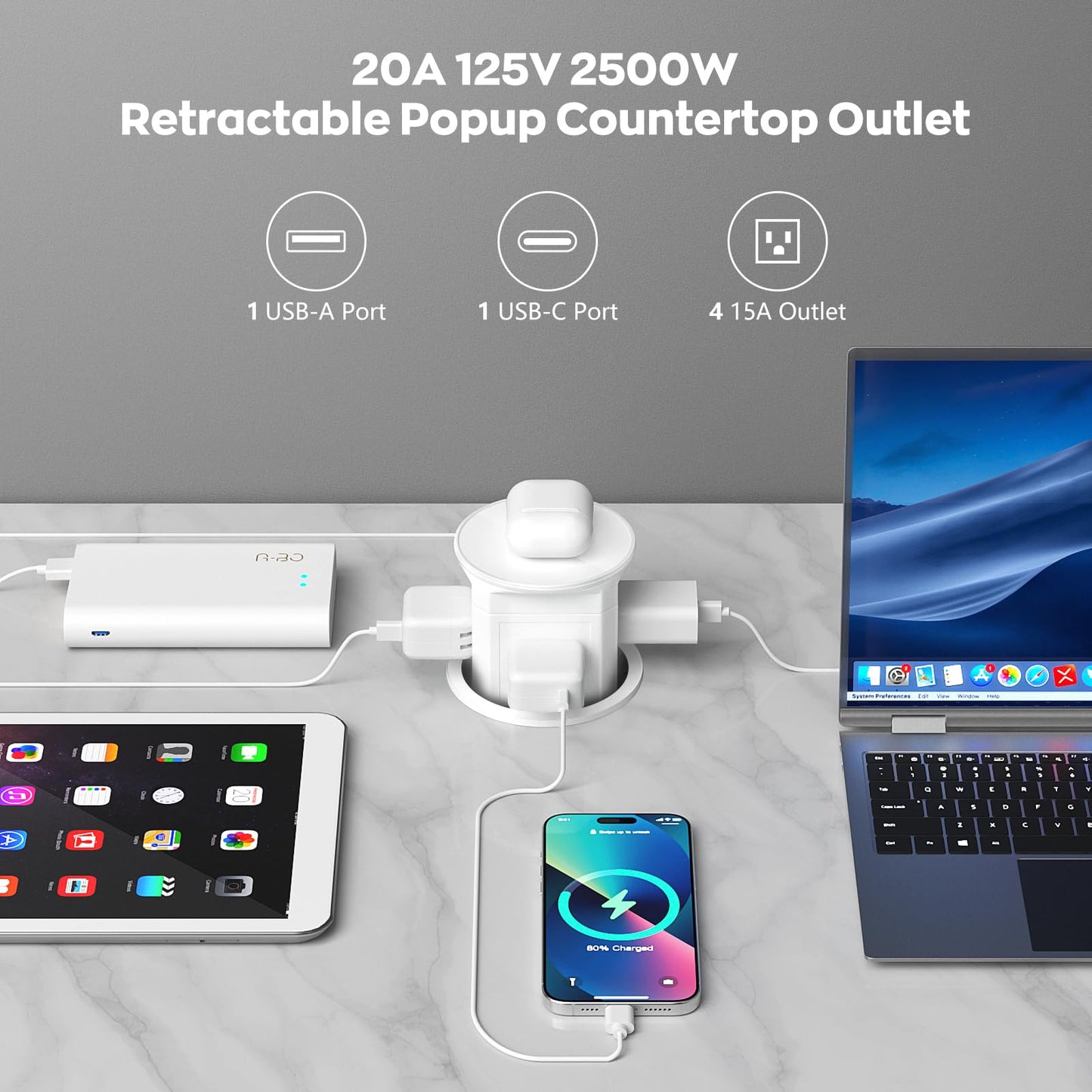 Pop Up Countertop Outlet with 15W Wireless Charger,Pop up Outlet,Max 20W USB Power Delivery,3.9" Space Saver Recessed Outlet,Pop Up Electrical Outlet with 4 Outlets 15A, 2 USB Ports for Home Office.