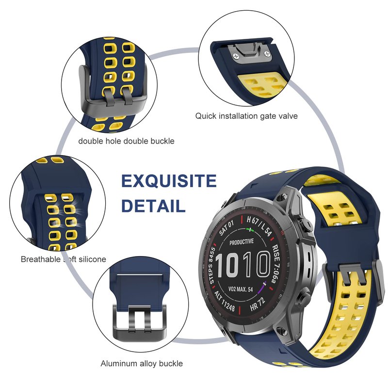 OVERSTEP Compatible Garmin Fenix 7X Band, 26mm Quick Release Silicone Strap for Fenix 6X/6X Pro/5X/5X Plus/3/3 HR Smartwatch (Dark Blue-Yellow)