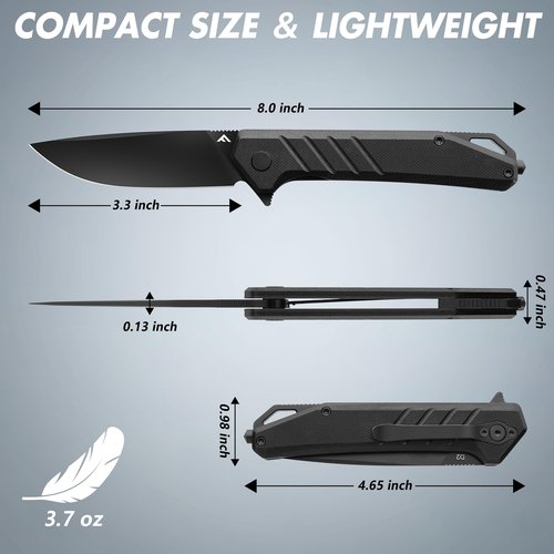 FLISSA Pocket Knife, 3.2" D2 Blade G10 Handle EDC Knife with Pocket Clip for Hunting, Camping, Survival, Outdoor Activities(Black)