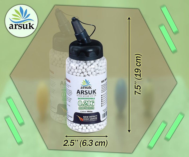 ARSUK Biodegradable Airsoft BB Pellets – 6mm White – 0.20g Seamless Plastic Rounds for Reliable Practice, Training, and Recreational Play – Pack of 2000
