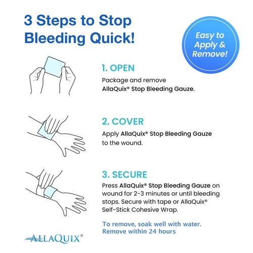 AllaQuix High Performance Stop Bleeding Gauze Pads – 3-Pack (2"x2") | Hemostatic Wound Dressing for Cuts & First Aid Kits | Sterile, Drug-Free, Fast Clotting Pads