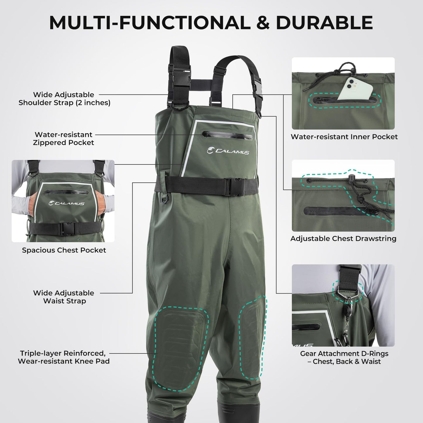 Calamus WaveWalker Fishing Waders for Men & Women, 100% Waterproof PVC Chest Waders with Slip-Resistant Boots, Tear-Resistant Nylon, Ample Storage, Wader Hanger, Military Green, 11