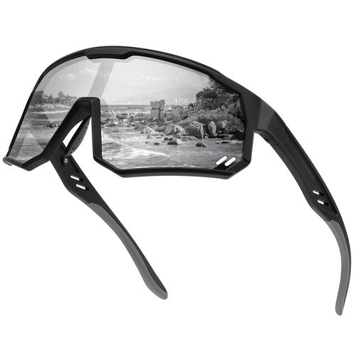 Ofwin Polarized Sports Sunglasses for Men Women Wrap Around Cycling Running Sun Glasses UV400 Protection Matte Black Frame/Silver Mirror Lens