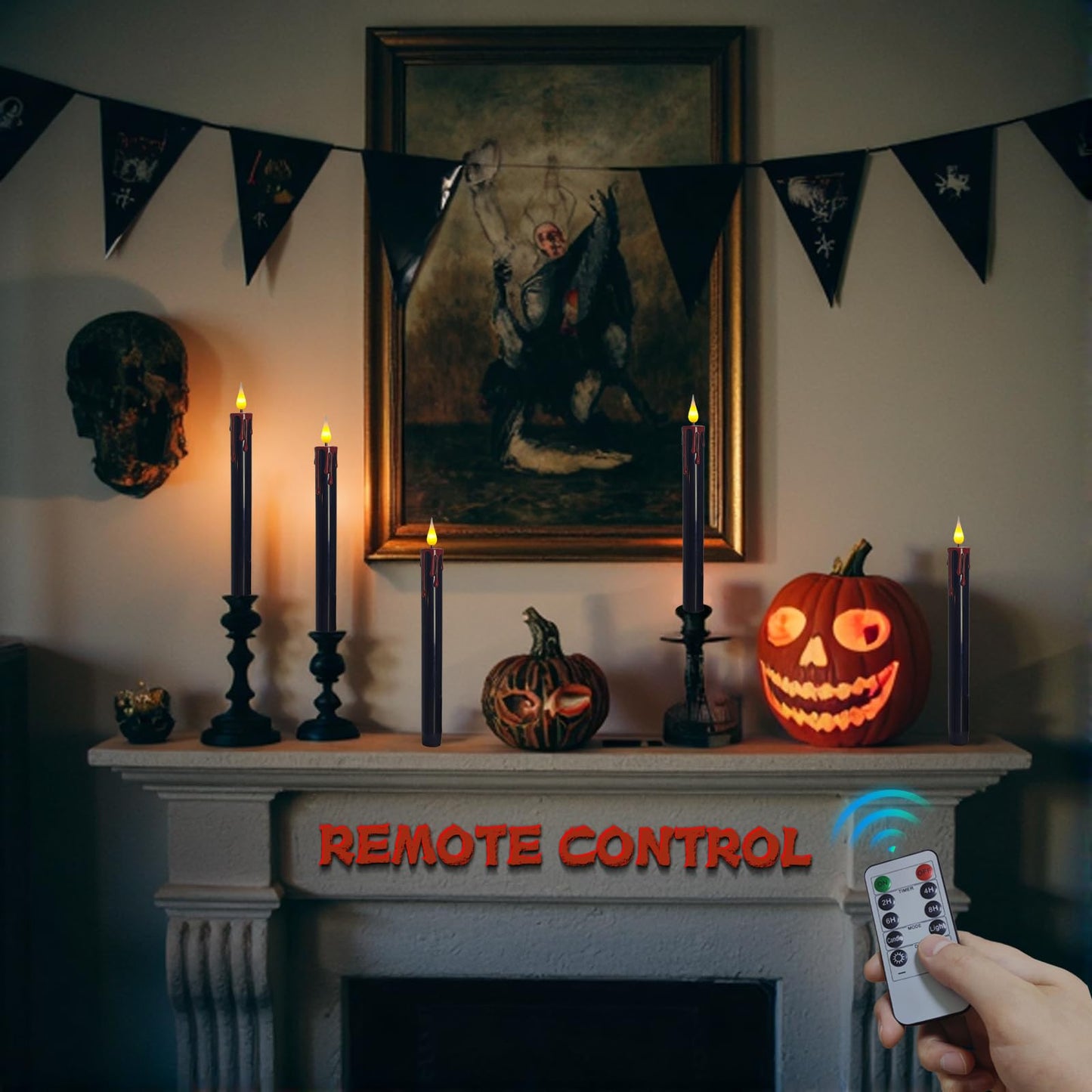 SUNGEGE Flameless Bleeding Candles – 6 Pack, Black LED Taper Candles with Red Dripping Wax Effect, 0.8 x 9.9 Inches, Includes 2 Remotes – Creepy Halloween Decor for Haunted Houses & Horror Parties