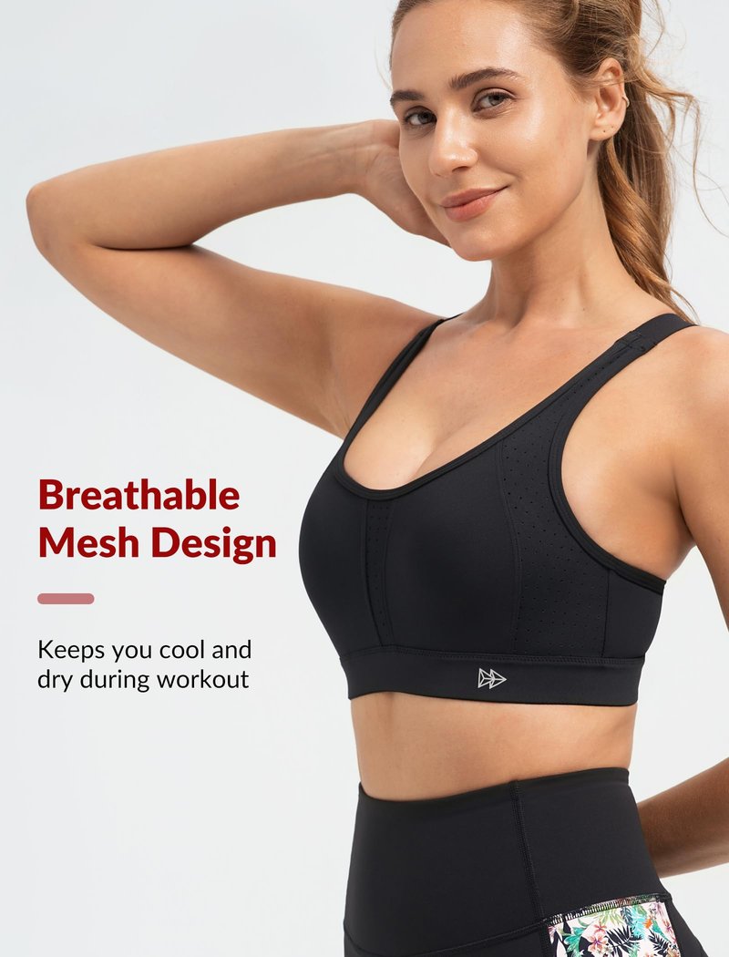 Yvette Supportive Sports Bra Adjustable Straps Plus Size Workout Running High Impact Sports Bras for Women Sewn in Pads,Black,M+