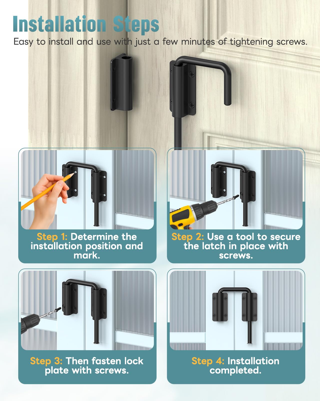 MeBantoo Updated U Patio Sliding Door Loop Lock Latch - 90/180 Degree Aluminum Alloy Security Bolt Lock for Barn, Garden, Fence Gate, Window - Multi-Angle Mounting (Black-1 PC)