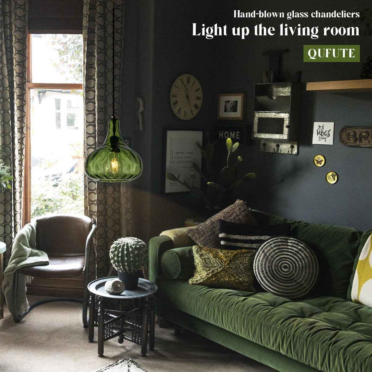 Qufute Green Glass Pendant Lighting Farmhouse Vintage Glass Globe Pendant Light Fixture, Mid-Century Modern Pendant Lamp Black Finish 9.45″ Shade for Kitchen Island Dining Room