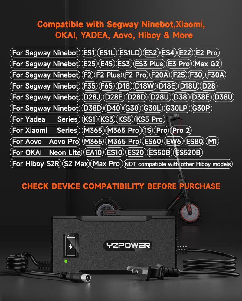 YZPOWER 42V 5A Scooter Charger for Segway Ninebot, Compatible with MAX G2 G30LP E2 Pro F65 F40 F30 D28 D40 ES2 ES4 E22 E45, Replacement Power Adapter for 36V Lithium Battery, RCA Round Charging Port